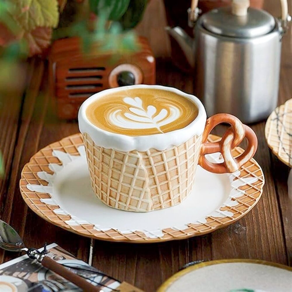 NEW Pretzel & Waffle Shaped Ceramic Coffee Cup and Saucer, 2 Pcs Set
